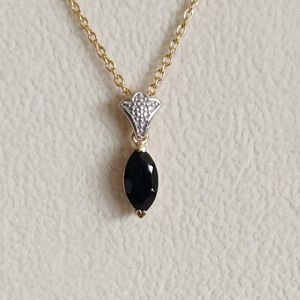 Black Spinel Pendant Necklace 14K YG and Stainless Steel Chain
